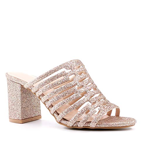 Angkorly - Zapatillas Moda Mula Sandalias La Noche Matrimonio Ceremonia Disco Mujer Estrás Glitter fantasía Tacón Ancho Alto 8 CM - Champán 2 FB-176 T 41