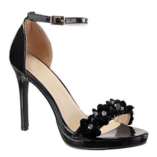 Angkorly - Zapatillas Moda Sandalias Tacón escarpín Stiletto Sexy Elegante Mujer Flores Strass Tanga Talón Tacón de Aguja Alto 10.5 CM - Negro 238-2 T 37