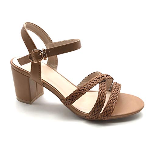 Angkorly - Zapatillas Moda Sandalias Tacón escarpín Tacones pequeños Plataforma Abierto Mujer Multi-Correa Trenzado Tacón Ancho Alto 7.5 CM - Camel FC-59 T 40