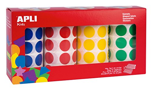 APLI Kids - Pack 4 rollos de gomets redondos, 20 mm, colores azul ,rojo, amarillo y verde 7.080uds
