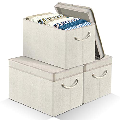 APLKER Cajas de Almacenaje Plegable, Cajas de Almacenamiento, Cubos de Almacenaje de Tela con Tapa, para Juguetes, Toallas y Ropa,para Hogar Oficina (Set de 3, Beige)