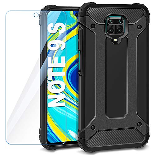 AROYI Funda Compatible con Xiaomi Redmi Note 9S con Protectores Pantalla Cristal Templado, Robusta Carcasa Híbrida TPU y PC de Doble Capa Anti-arañazos Caso para Redmi Note 9 Pro/Pro MAX, Negro