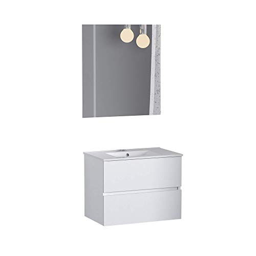 Baikal 830134007 Conjunto de Muebles de Baño con Lavabo y Espejo, Suspendido a la Pared, Dos Cajones, Melamina 16, Blanco Mate, Cm, 70 X 55 X 46 cm, 12 Unidades