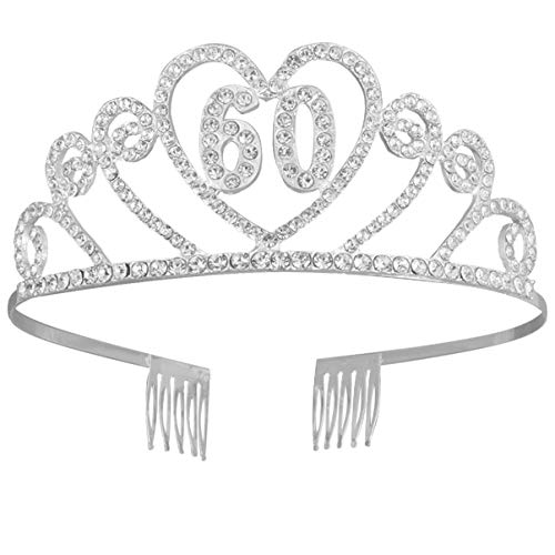 Beaupretty Corona Cumpleaños 60 Años Diseño de Corazón Diadema Cumpleaños Tiara Cristal con Peineta Accesorio de Pelo para Mujeres (Plateado)