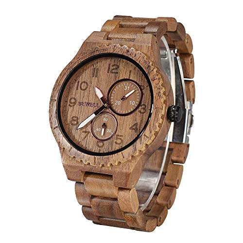 Bewell Retro Reloj de Pulsera para Hombre de Madera Natural Reloj de Cuarzo analógico con números arábigos dial y Puntero Luminoso W154A