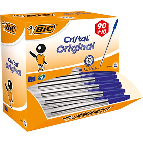 BIC Cristal Original - Caja de 100 unidades, bolígrafos punta media 1.0 mm, color azul