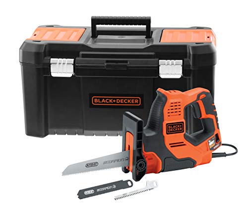 Black+Decker RS890KA-QS - Sierra de mano con cable (3 mm, metal, 100 mm, madera, 50 mm, manguera plástica y ramas, 3 cuchillas, se entrega en caja de herramientas 500 W)