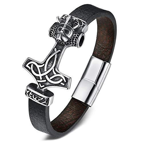 BOBIJOO JEWELRY - Pulsera de Hombre Real de Cuero Negro de Acero 316L de Thor Martillo Pagan Viking Mjöllnir