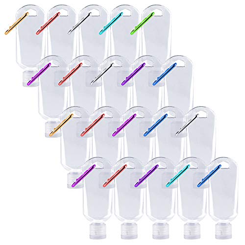 Botella Recargable Vacía con Llavero, ZoneYan 20Pcs Botellas de Viaje Portátiles 50ml, Botellas de Plástico con Mosquetón y Tapa Abatible, Botellas de Viaje con Clip, para Desinfectante, Líquidos