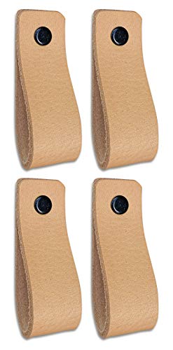 Brute Strength - Tirador de cuero - Natural - 4 piezas - 16,5 x 2,5 cm - incluye tres colores de tornillos por manija de cuero para los gabinetes de cocina - baño - gabinetes