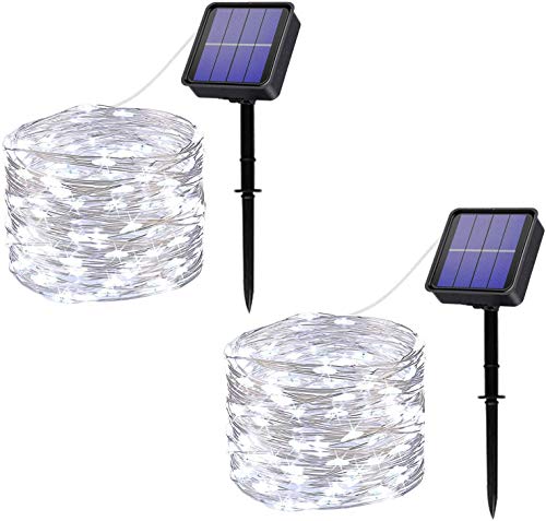 Cadena de luces solares para exteriores/interiores, 2 unidades 120 LED impermeables luces estrelladas para jardín, patio, fiesta, boda (Blanco)