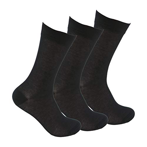 Calcetines ejecutivos de algodón (3 pares) SIN GOMA y SIN COSTURAS para pies delicados. Calcetines ejecutivos de algodón 100% con puño antipresión. No se caen y evitan roces (Negro, Talla única)