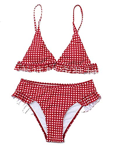 CheChury Conjunto de Bikini con Relleno Push Up Triangular Tartán Sexy Retro Brasileños Mujer Traje De Baño Bikini Mujer Dos Piezas Tartán Cuello Halter Volante Volantes Acolchado Bra Push up