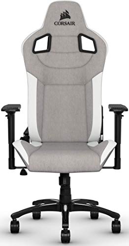 Corsair T3 Rush, Tejido De Poliéster Silla De Videojuegos Oficina, Exterior De Tela Suave Transpirable, Almohada Cervical Ajustable, Soporte Lumbar, Reposabrazos 4D, Montaj Sencillo, Gris y Blanco