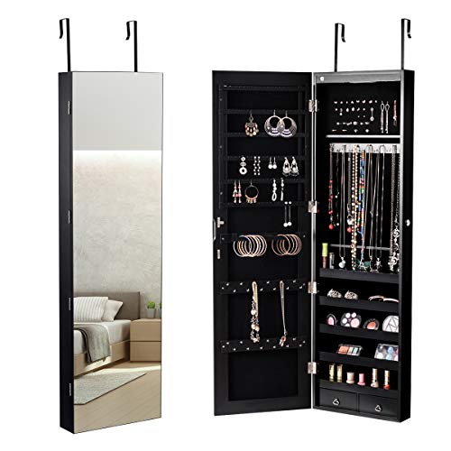 COSTWAY LED Espejo Joyas Armario Organizador de Puerta Pared con Llave para Joyero Almacenamiento (Negro)