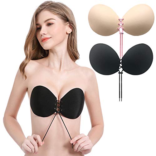 CtopoGo 2 Pack Sujetador Adhesivo, Sin Tirantes Mujeres Reutilizable Invisible Sujetador Push UP Bra con Gel Adhesivo y Ajustable String (B, Negro/Rosa)