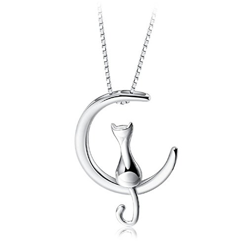 Da.Wa Plata de Ley Colgante Collar Mujer, Joyeria Collares Colgante Gato y Luna, Collares de Plata para Mujer/niña, Colgantes Luna Mujer Plata- Cadena 40+5cm