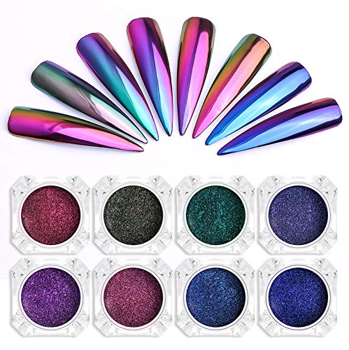 Dewel Uñas Polvo Espejo 8 Colores, Polvo Acrilico para Uñas, Polvo brillo efecto espejo, Uña cromada con 8 barras de sombra de ojos