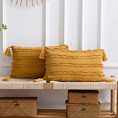 DEZENE Fundas de Almohada Decorativas Amarillas: Paquete de 2 Fundas de Cojín Rectangular de Lino de Algodón a Rayas Boho de 30x50 cm con Borlas para Sillón de Sofá de Granja, Amarillo Mostaza