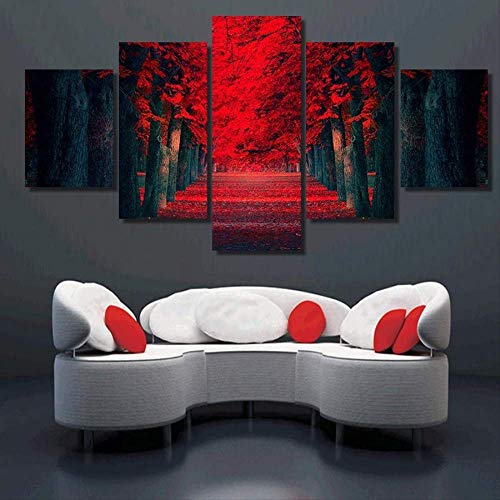 DGGDVP Pintura Decorativa para Sala de Estar Spray Canvas Painting Five Couplet Red Forest HD 5 Precios tamaño 2 sin Marco