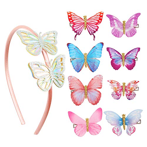 Diadema con Mariposas AirSMall 9PCS Diademas de Lazo con Purpurina Conjunto de 8 Pinzas para Cabello para Niñas con 1 Diadema de Mariposa en 3D Pinzas para Damas Novia Cumpleaños Carnaval Boda