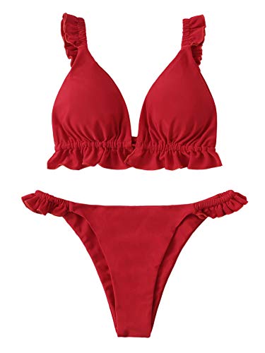 DIDK Bikini Brasileños Sexy Mujer Conjuntos de Bikini Cintura Alta Volante Traje de Baño Bikinis Brasileños Tanga Rojo L