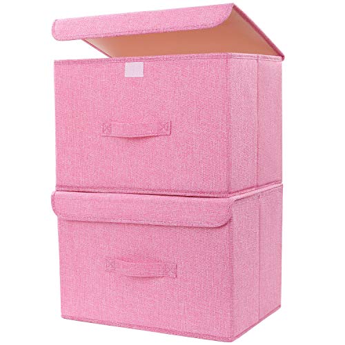 DIMJ Cajas Almacenaje Lavable, Juegos de 2 Cajas Organizadoras con Tapa y Asa, Contenedores de Almacenamiento Plegable, Cajas de Tela para Ropa Juguetes Libros (Rosado)