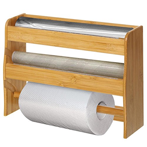 Dispensador portarrollos de Pared de Cocina de Madera de bambú, 3 portarrollos con lengüeta Dentada, Color bambú Natural, Dimensiones 36 x 10 x 26 cm, Porta Papel de Aluminio