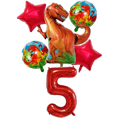 DIWULI, Gran Juego de Globos de Dinosaurios, 1x Globo Dino XXL + Globo XXL número 5 + 2X Globo de Estrella roja + 2X Globos de Papel de Aluminio Dino 5º cumpleaños, cumpleañero de niños