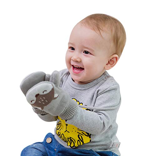 DORRISO Linda Bebe Guantes zorro Manoplas con Cuerda Invierno Cálido Guantes de Infantil Algodón y Lana Gris