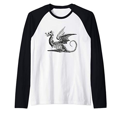 Dragón Esqueleto Ilustración Vintage Fantasía Regalo Místico Camiseta Manga Raglan