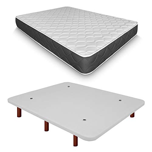 Duérmete Online Base Tapizada 3D Reforzada Anti Ruido + Colchón Viscoelástico Pocket Visco | Patas de Madera Color Wengue, Blanco, 135x190