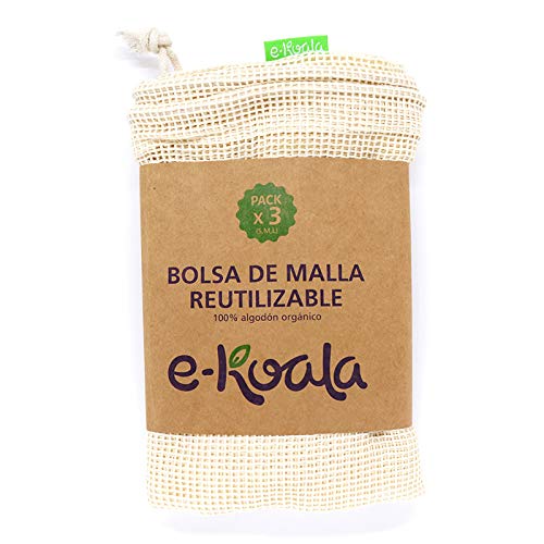 e-koala Bolsas reutilizables de malla ideal para la compra | Kit de 3 bolsas de algodón orgánico | Bolsas reutilizables de compra de la marca NOPLASTICISFANTASTIC