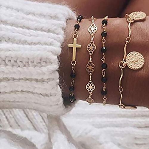 Edary Juego de pulseras de borla con cruz dorada, accesorios de moneda, cadena ajustable para mujeres y niñas (4 unidades)