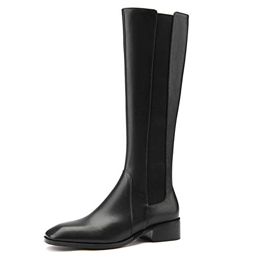 Elásticas Botas sobre La Rodilla Cuero De Vaca Costura De Tela Elástica Cremallera Tacón Plano Botas Largas De Invierno para Mujer para Fiesta De Graduación (34-43),Negro,40