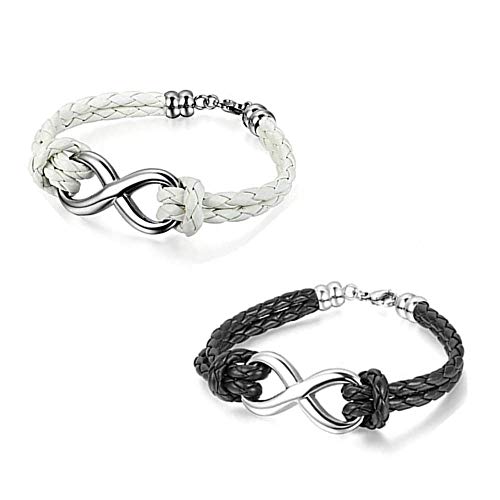 Flongo Joyería El Amor Infinito Pulsera de Cuero Hombre Mujer, Diseño Elegante Brazalete Charms, Ajustable de Uso a Diario, 7 Colores Disponibles, Atractivo para El Verano (Z-Modelo2-Blanco+Negro)