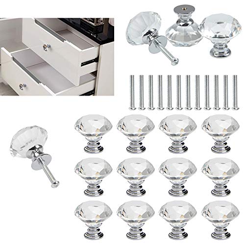 FOCCTS Pomos de Cristal Tiradores de Cristal 12 Piezas 30mm Aleación de Aluminio Diamante Pomos para Alacena Baño Cocina Gabinetes