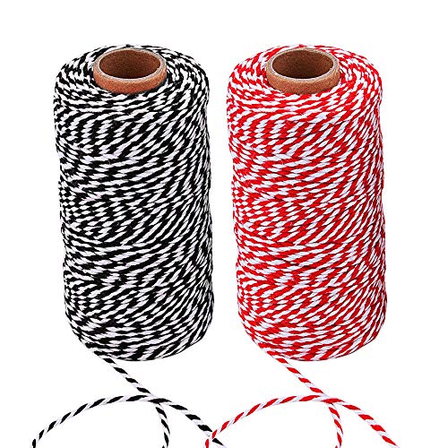 FOGAWA 2pz Cordón de Algodón Macramé 2mm para Cocinar Hilo Rojo y Blanco de Macrame de Colores para Envolver Regalos Cuerda para Cocinar 100 m por Rollo para Decoración Navideña y Manualidades
