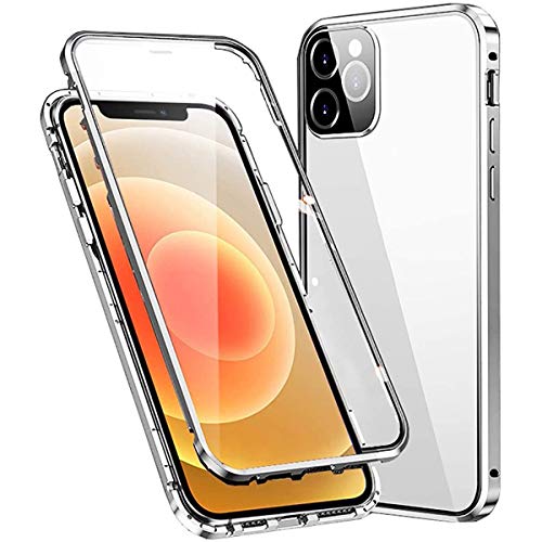 Funda para iPhone 12 Pro, magnética, protección completa de 360 grados, antigolpes, con protector de lente de cámara, parte delantera y trasera, cristal templado, marco de metal, color plateado