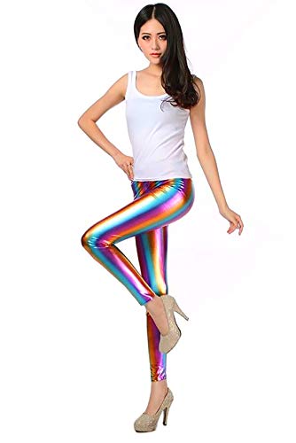 Furein Leggins para Mujer Elásticos Cómodos Acabado Colores Brillantes Metalizados Imitación Cuero con Cintura Elástica (Multicolor, S/M)