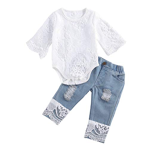 Geagodelia Conjunto de ropa para bebé, niña, de manga larga, de encaje, body y pantalones vaqueros, para recién nacidos, T-52488 Blanco & Azul 240 12-18 Meses