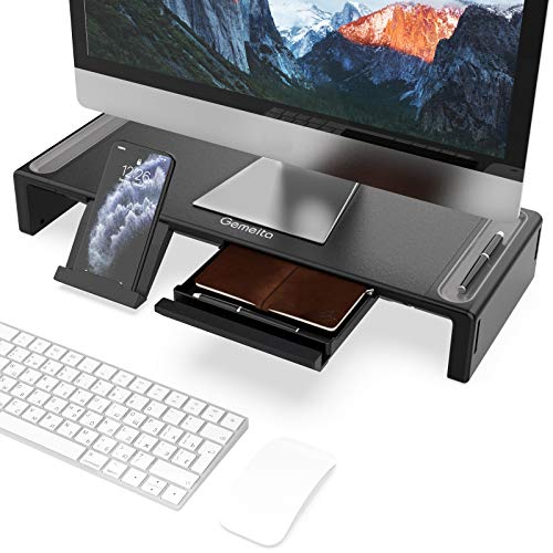 Gemeita Soporte Monitor Elevador, Ajustable de 3 Anchuras, Organizador de Escritorio Plegable con Cajón, Ranura para Lápiz & Soporte para Teléfono, para Computadora, Escritorio, Laptop