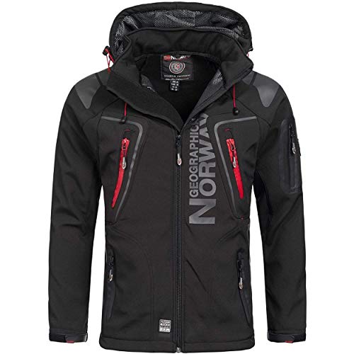 Geographical Norway TECHNO MEN - Chaqueta Softshell Impermeable Para Hombres - Capucha Transpirable Hombre Estilo - Chaqueta Invierno Viento - Actividades Ideales Para Exteriores (NEGRO XL)