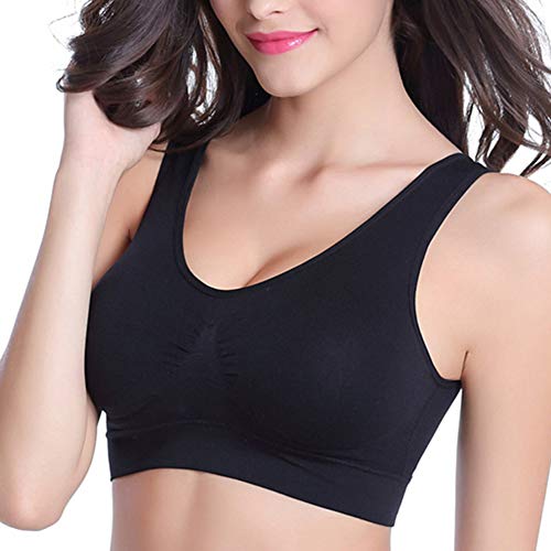 geshiglobal Sujetador deportivo, para mujer, cómodo, con cuello en V, sin alambre, color sólido, elástico, color negro, L