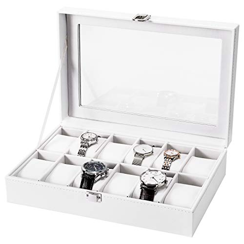 Gifort Caja de Relojes, Estuche para Relojes de Cuero PU Caja Guardar Elegante con 12 Compartimentos y Tapa de Cristal para Hombre Mujere, 30 x 21 x 8 cm