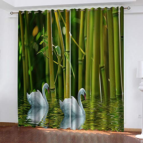 GJKNFH Cortinas Opacas con Ojales aislantes térmicos Paisaje de Cisne de Bosque de bambú diseño Moderno, para salón Dormitorio balcón Ventanas 100 x 160 cm Lote de 2 Unidades Decoración hogareña