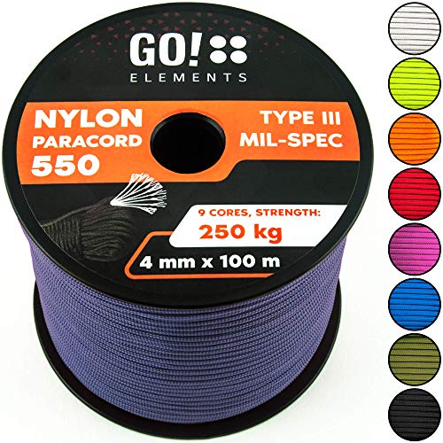 GO!elements 100m Paracord de Nylon a Prueba de desgarros - 4mm Paracord 550 Typo III Cuerda - Adecuado como Cuerda Yute & Cuerda Gruesa | MAX. 250kg, Color:Gris Azulado