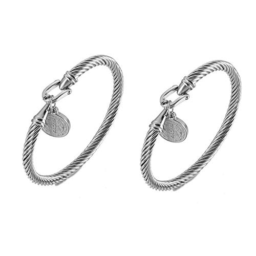 GPYONCT 2 Piezas de Pulsera de Medalla de San Benito, Brazalete de Cable Trenzado de Acero Inoxidable con Cierre de Gancho, Pulseras de bendiciones, joyería para Hombres y Mujeres (Silver)