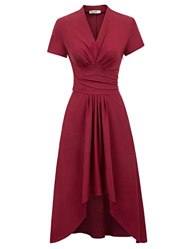 GRACE KARIN Vestido de Color Liso Dobladillo con Cuello en V Alto-bajo Pliegues Irregulares Decorado Elegante Ceremonia Noche Vino Tinto XL CL011073-2