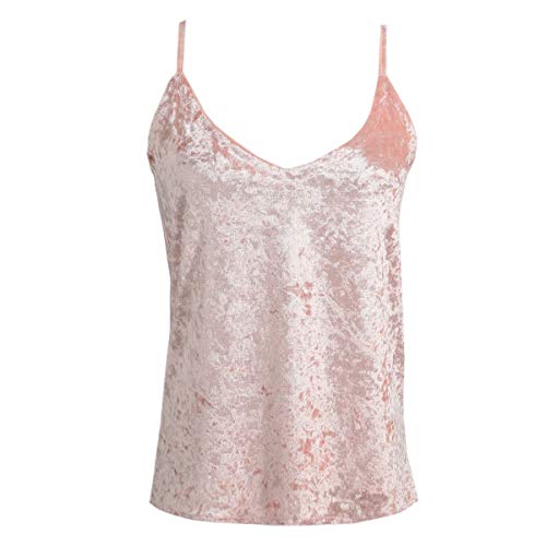 Greatangle Moda Mujer Sexy Verano Top Terciopelo Correa Tops Camisola con Cuello en V sin Mangas Chaleco Informal Elegante Ropa Femenina Rosa SS